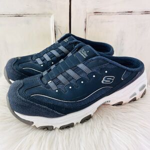 Skechers D'Lites Navy Blue Nubuck Leather Slip-on Mule Sneakers Womens Size 9.5